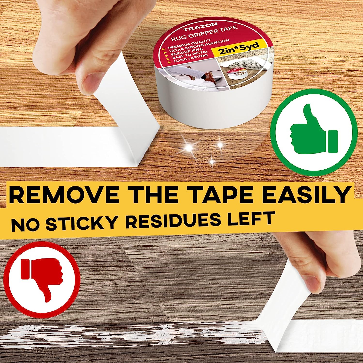 Trazon Carpet Tape Double Sided - Rug Tape Grippers for Hardwood Floors and Area Rugs - Carpet Binding Tape Strong Adhesive and Removable, Heavy Duty Stickers Tape, Residue Free (2 Inch / 5 Yards) - Image 4